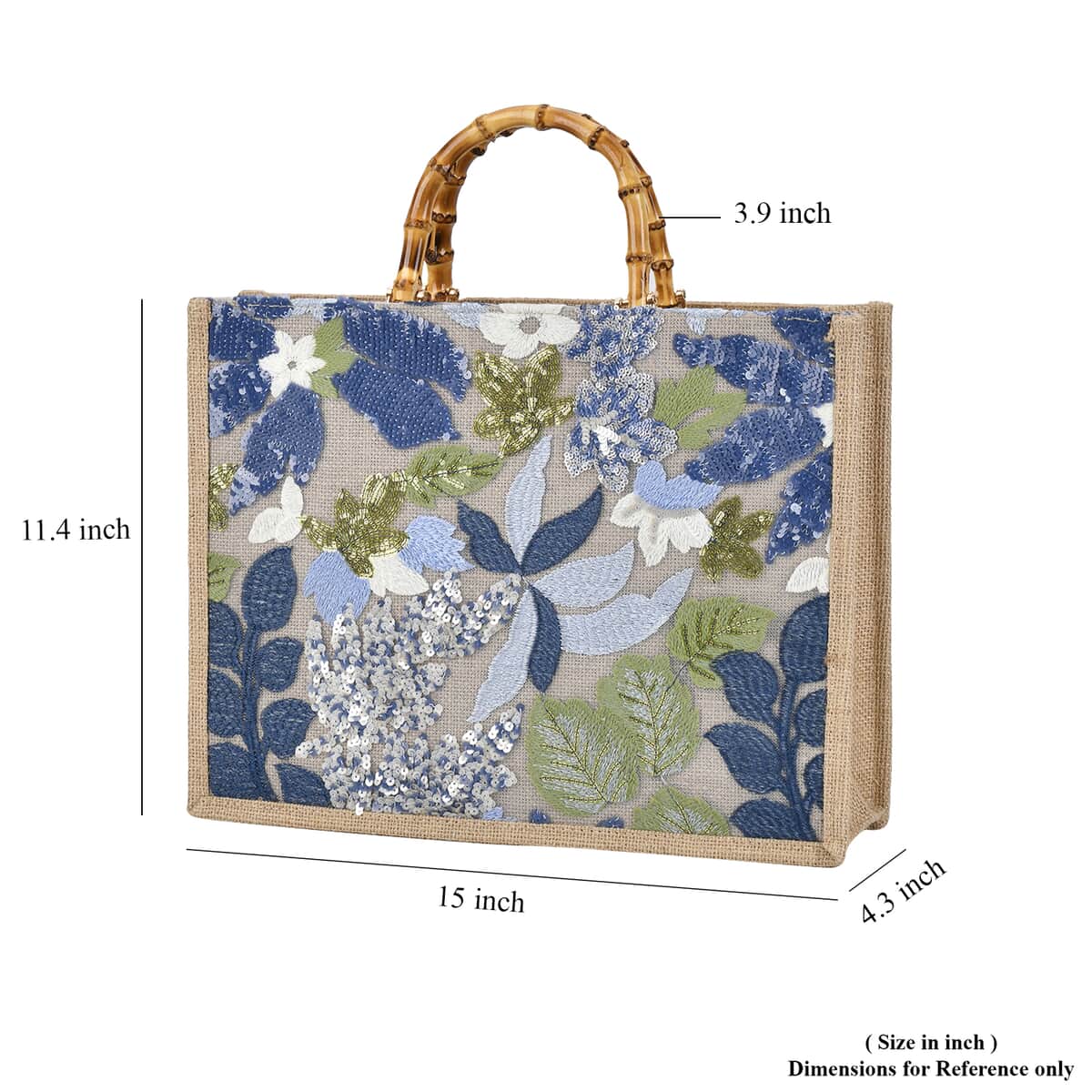 Blue with Flower Sequin Tote Bag with Bamboo Handle Drop image number 6