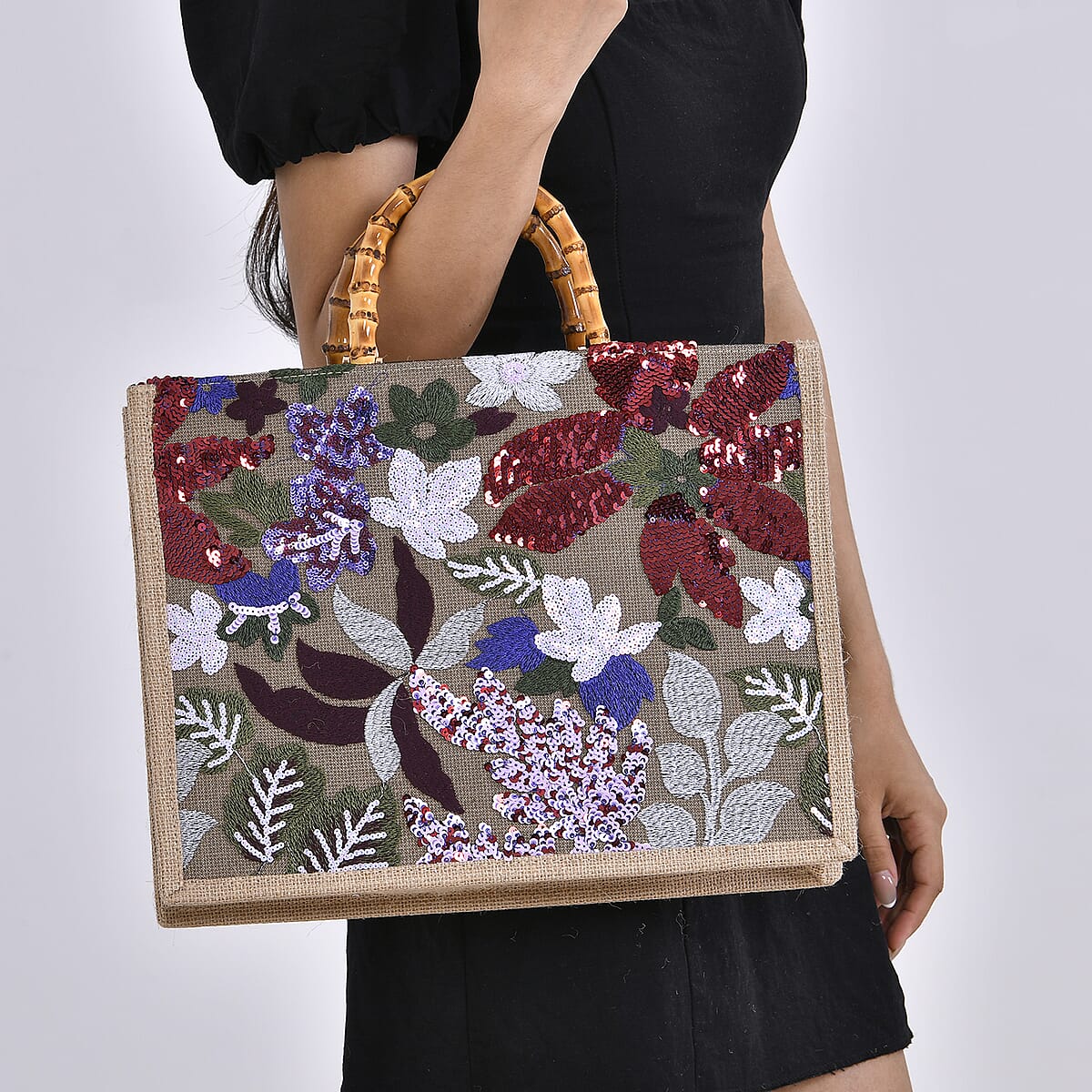 Burgundy with Flower Sequin Tote Bag with Bamboo Handle Drop image number 2