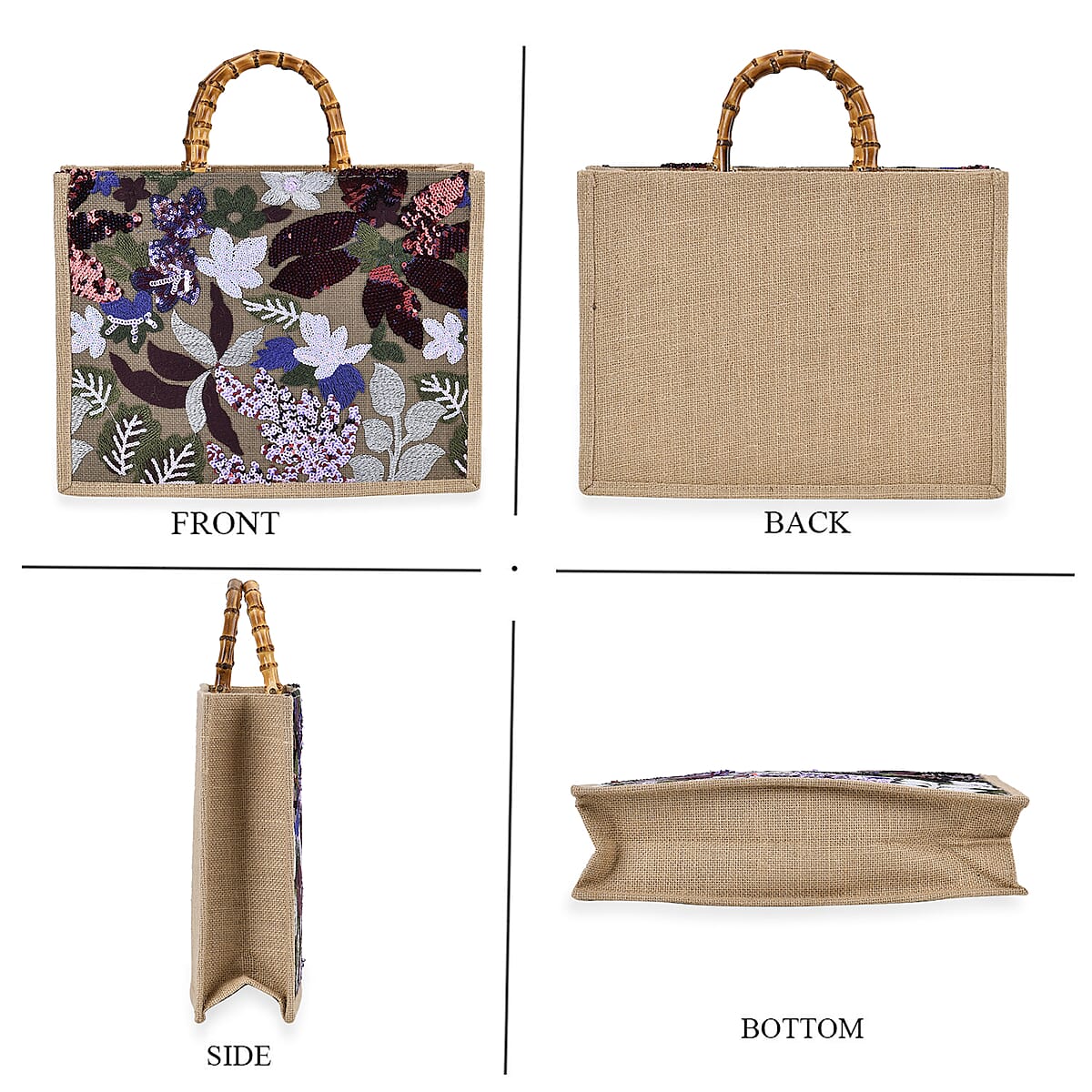 Burgundy with Flower Sequin Tote Bag with Bamboo Handle Drop image number 3