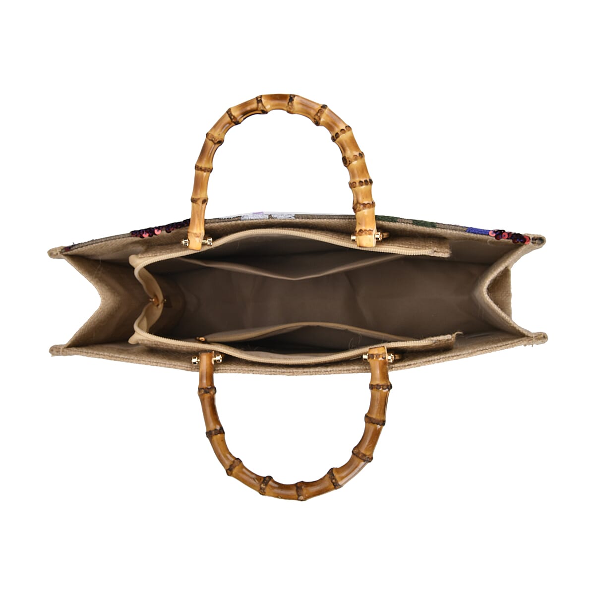 Burgundy with Flower Sequin Tote Bag with Bamboo Handle Drop image number 4