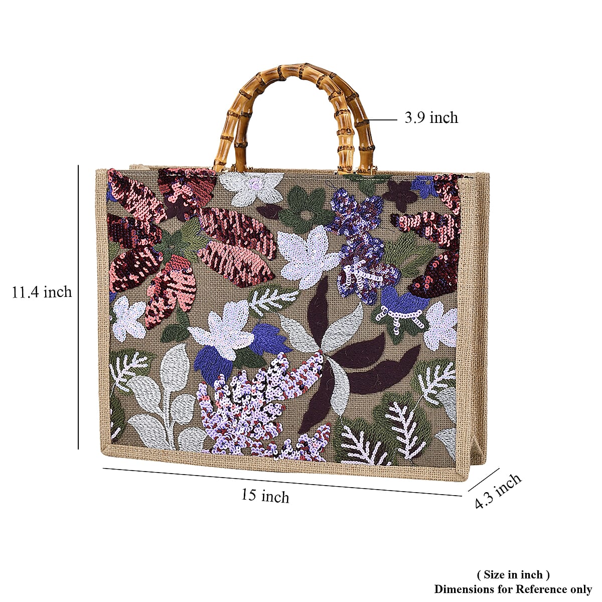 Burgundy with Flower Sequin Tote Bag with Bamboo Handle Drop image number 6