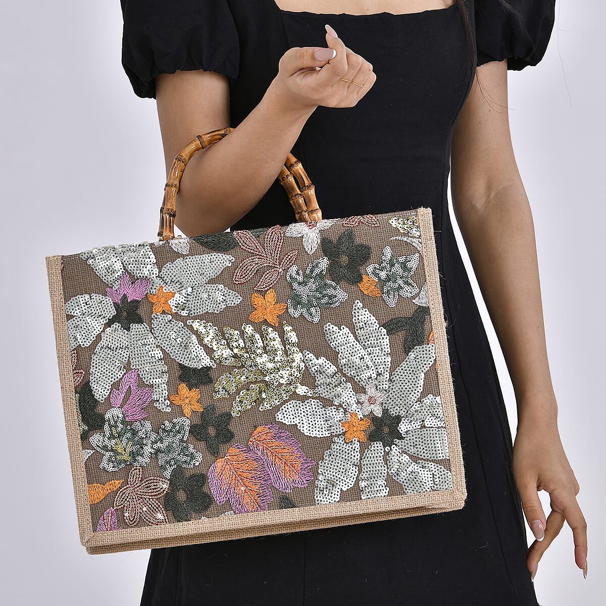 Green with Flower Sequin Tote Bag with Bamboo Handle Drop image number 2