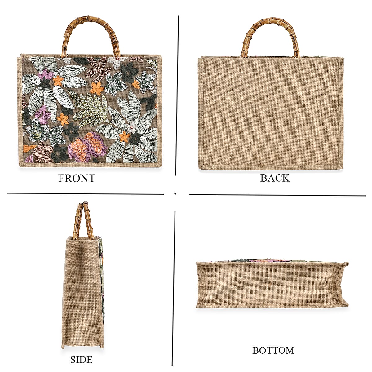 Green with Flower Sequin Tote Bag with Bamboo Handle Drop image number 3