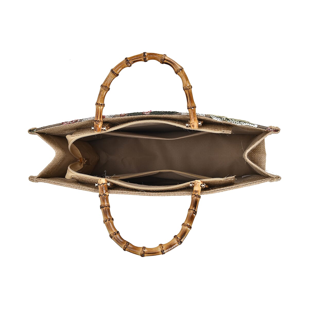 Green with Flower Sequin Tote Bag with Bamboo Handle Drop image number 4