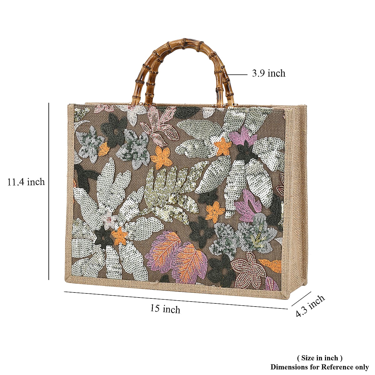 Green with Flower Sequin Tote Bag with Bamboo Handle Drop image number 6