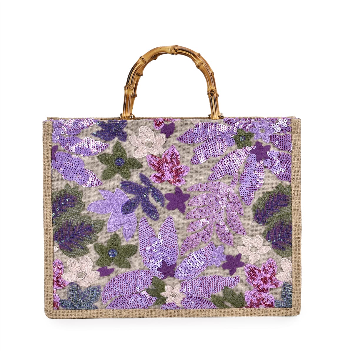 Purple with Flower Sequin Tote Bag with Bamboo Handle Drop image number 0