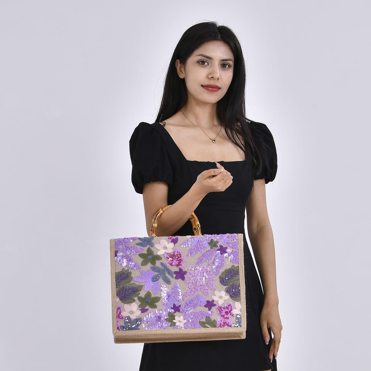 Purple with Flower Sequin Tote Bag with Bamboo Handle Drop image number 1