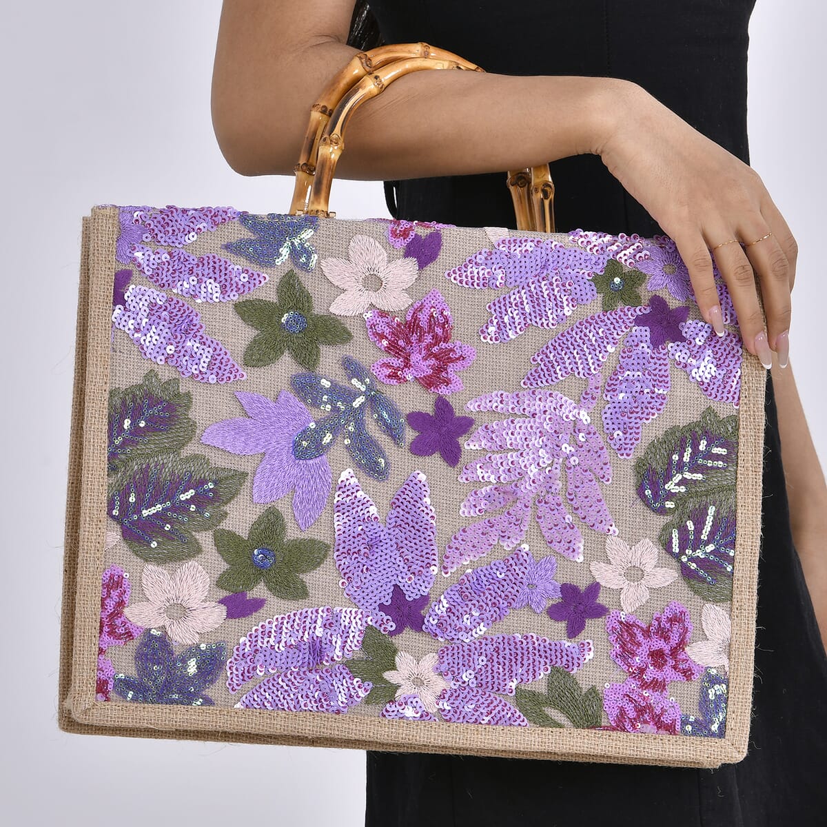 Purple with Flower Sequin Tote Bag with Bamboo Handle Drop image number 2