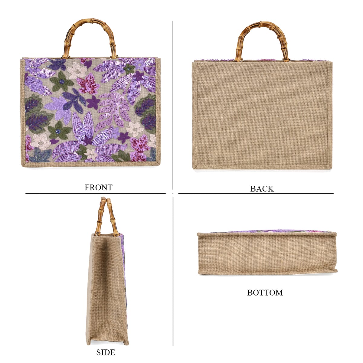 Purple with Flower Sequin Tote Bag with Bamboo Handle Drop image number 3