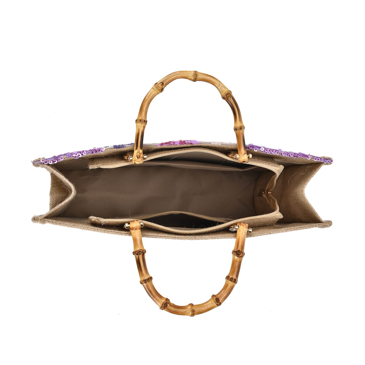 Purple with Flower Sequin Tote Bag with Bamboo Handle Drop image number 4