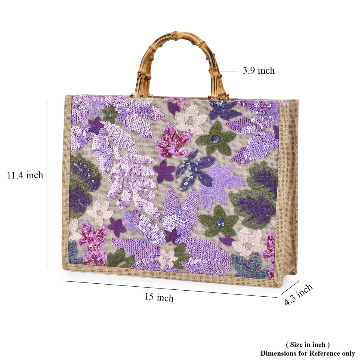 Purple with Flower Sequin Tote Bag with Bamboo Handle Drop image number 5