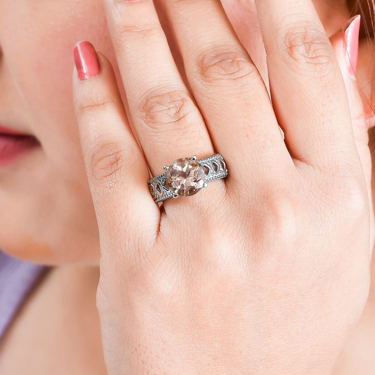 Morganique Quartz 3.90 ctw Solitaire Ring in Stainless Steel (Size 6.0) image number 2