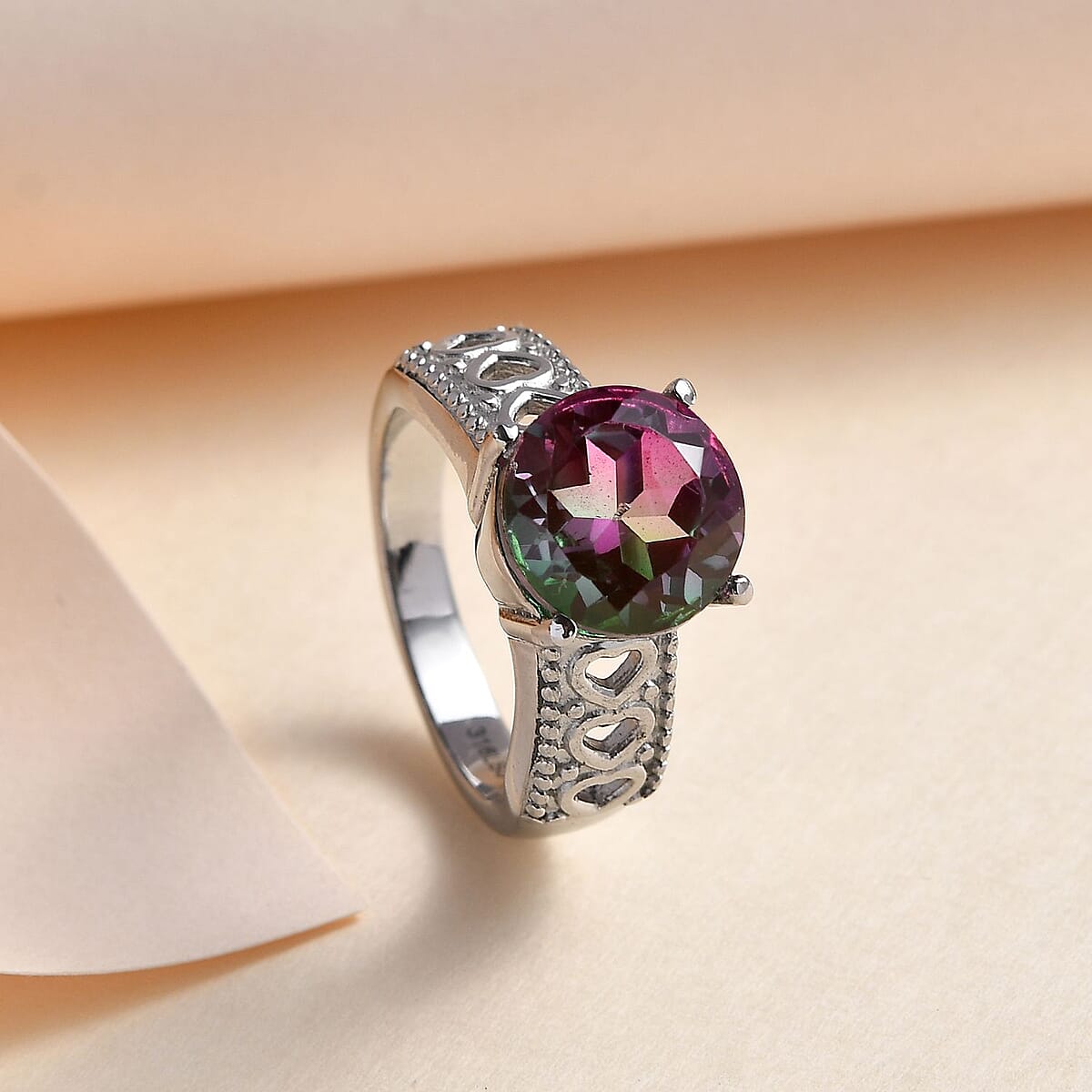 Watermelon Quartz 3.90 ctw Solitaire Ring in Stainless Steel (Size 8.0) image number 1