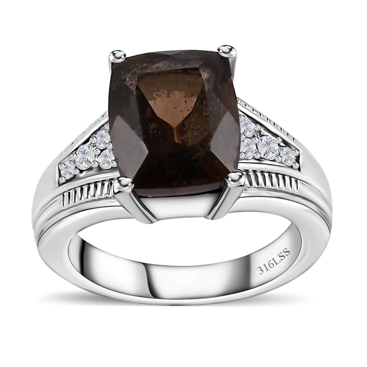 Brazilian Smoky Quartz, White Zircon Ring in Stainless Steel (Size 10.0) 4.25 ctw image number 0