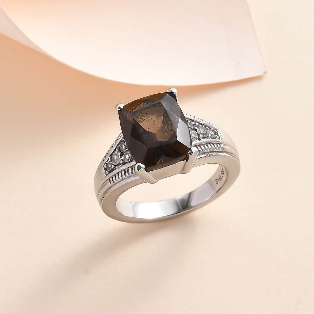 Brazilian Smoky Quartz, White Zircon Ring in Stainless Steel (Size 10.0) 4.25 ctw image number 1