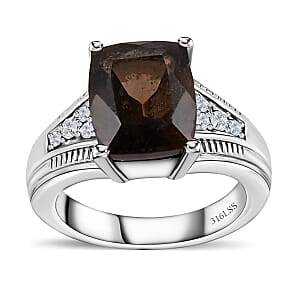 Brazilian Smoky Quartz and White Zircon 4.25 ctw Ring in Stainless Steel (Size 6.0)
