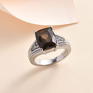 Brazilian Smoky Quartz and White Zircon 4.25 ctw Ring in Stainless Steel (Size 6.0)