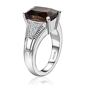 Brazilian Smoky Quartz and White Zircon 4.25 ctw Ring in Stainless Steel (Size 6.0)