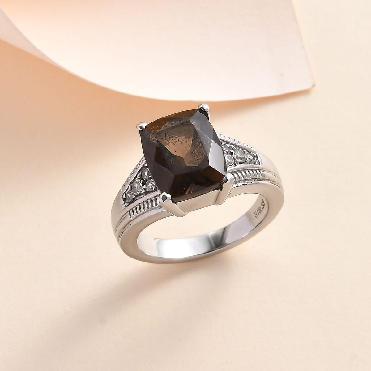 Brazilian Smoky Quartz and White Zircon 4.25 ctw Ring in Stainless Steel (Size 9.0) image number 1