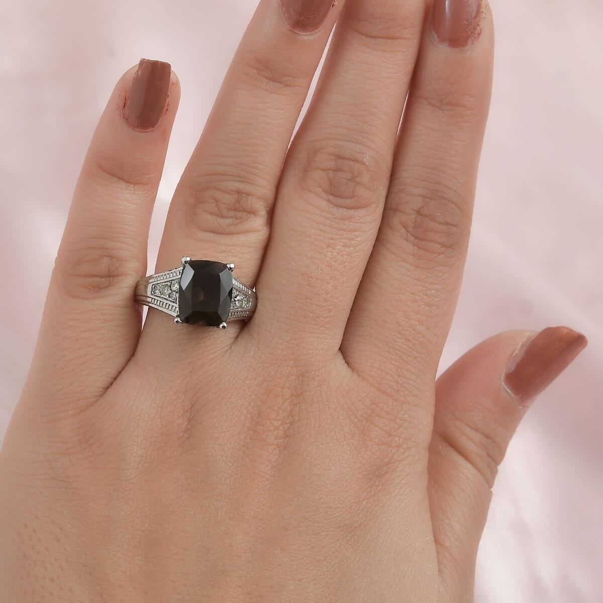 Brazilian Smoky Quartz and White Zircon 4.25 ctw Ring in Stainless Steel (Size 9.0) image number 2
