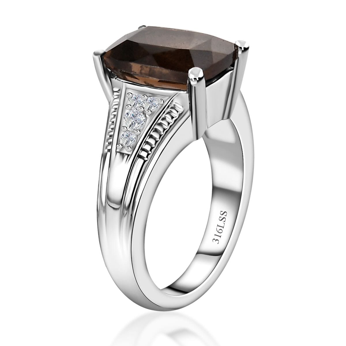 Brazilian Smoky Quartz and White Zircon 4.25 ctw Ring in Stainless Steel (Size 9.0) image number 3