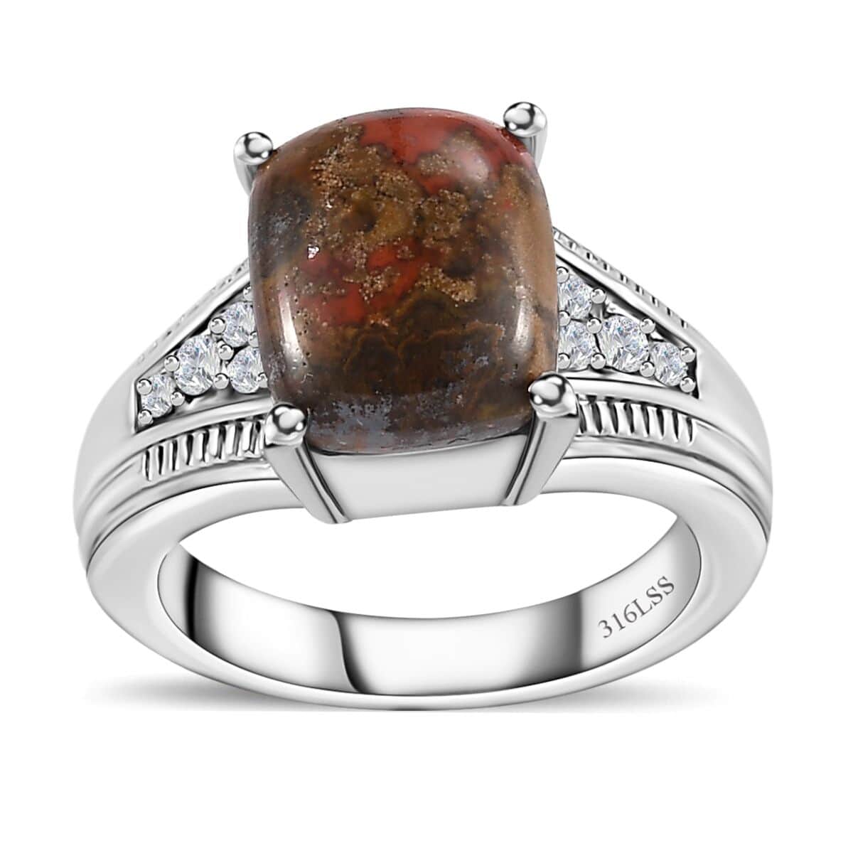 Slice Agate and White Zircon 4.00 ctw Ring in Stainless Steel (Size 7.0) image number 0