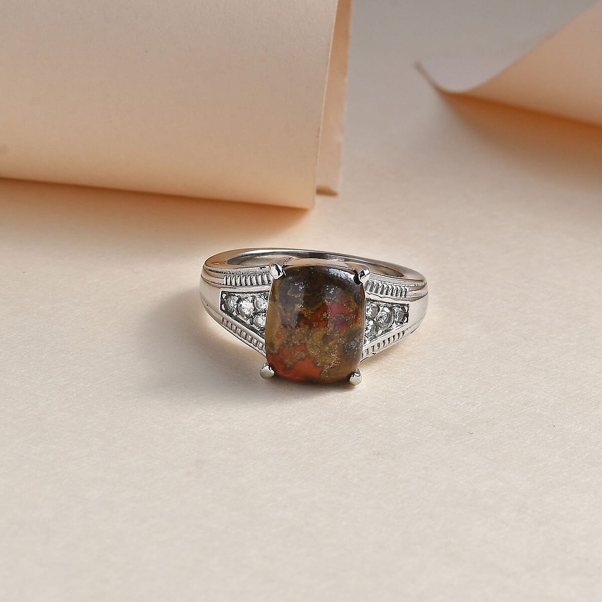 Slice Agate and White Zircon 4.00 ctw Ring in Stainless Steel (Size 9.0) image number 1