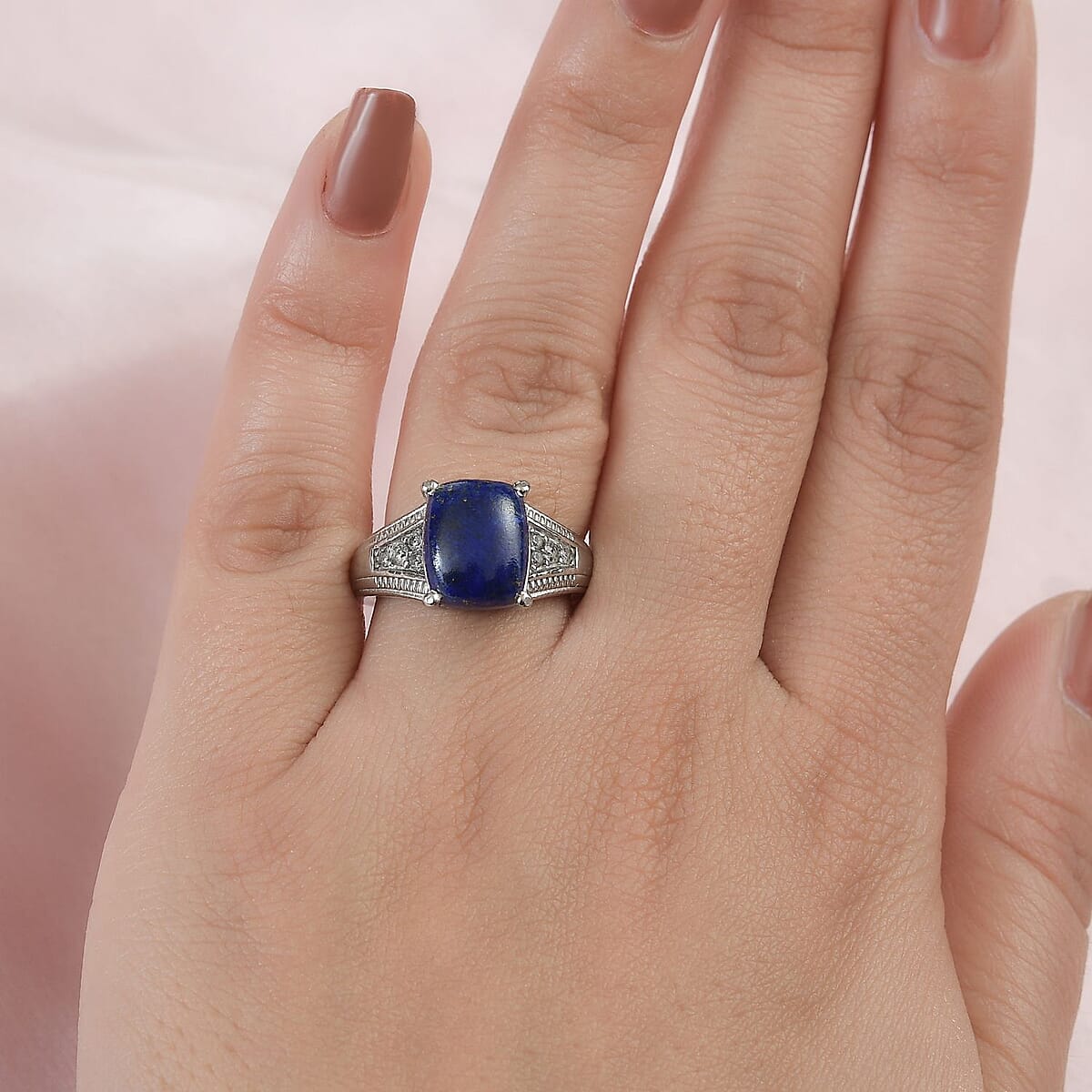 Lapis Lazuli and White Zircon 5.15 ctw Ring in Stainless Steel (Size 7.0) image number 2