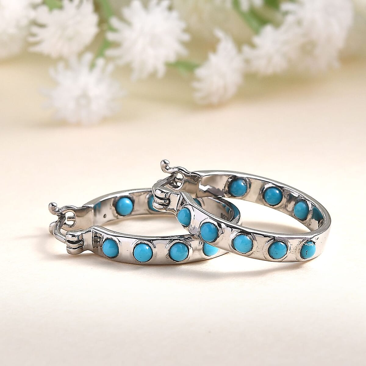Sleeping Beauty Turquoise Hoop Earrings in Stainless Steel 1.15 ctw image number 1