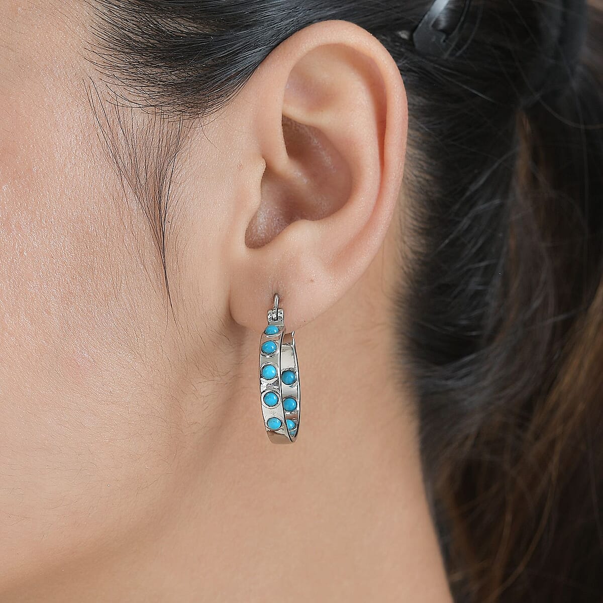 Sleeping Beauty Turquoise Hoop Earrings in Stainless Steel 1.15 ctw image number 2