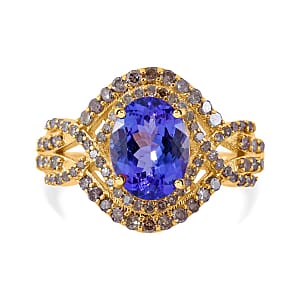 Luxoro 14K Yellow Gold Premium Tanzanite, Natural Champagne Diamond (0.65 cts) Ring (Size 5.0) 2.86 ctw