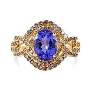 Luxoro 14K Yellow Gold Premium Tanzanite and Natural Champagne Diamond Ring (Size 7.0) 2.60 ctw