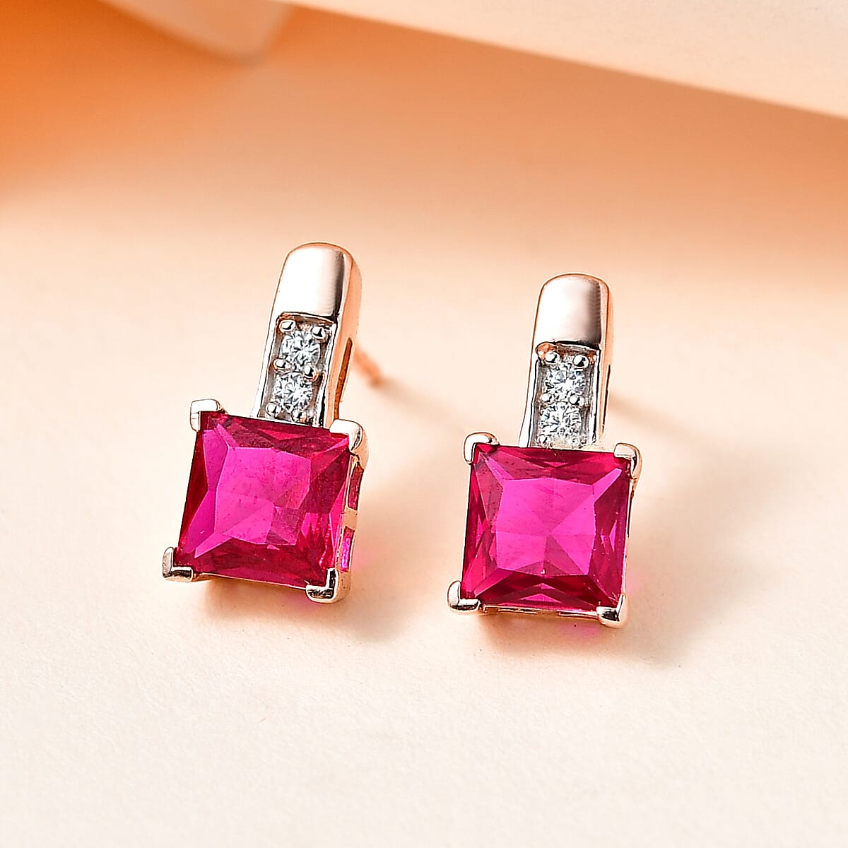 Simulated White and Red Color Diamond Earrings in 14K Rose Gold Over Sterling Silver image number 1