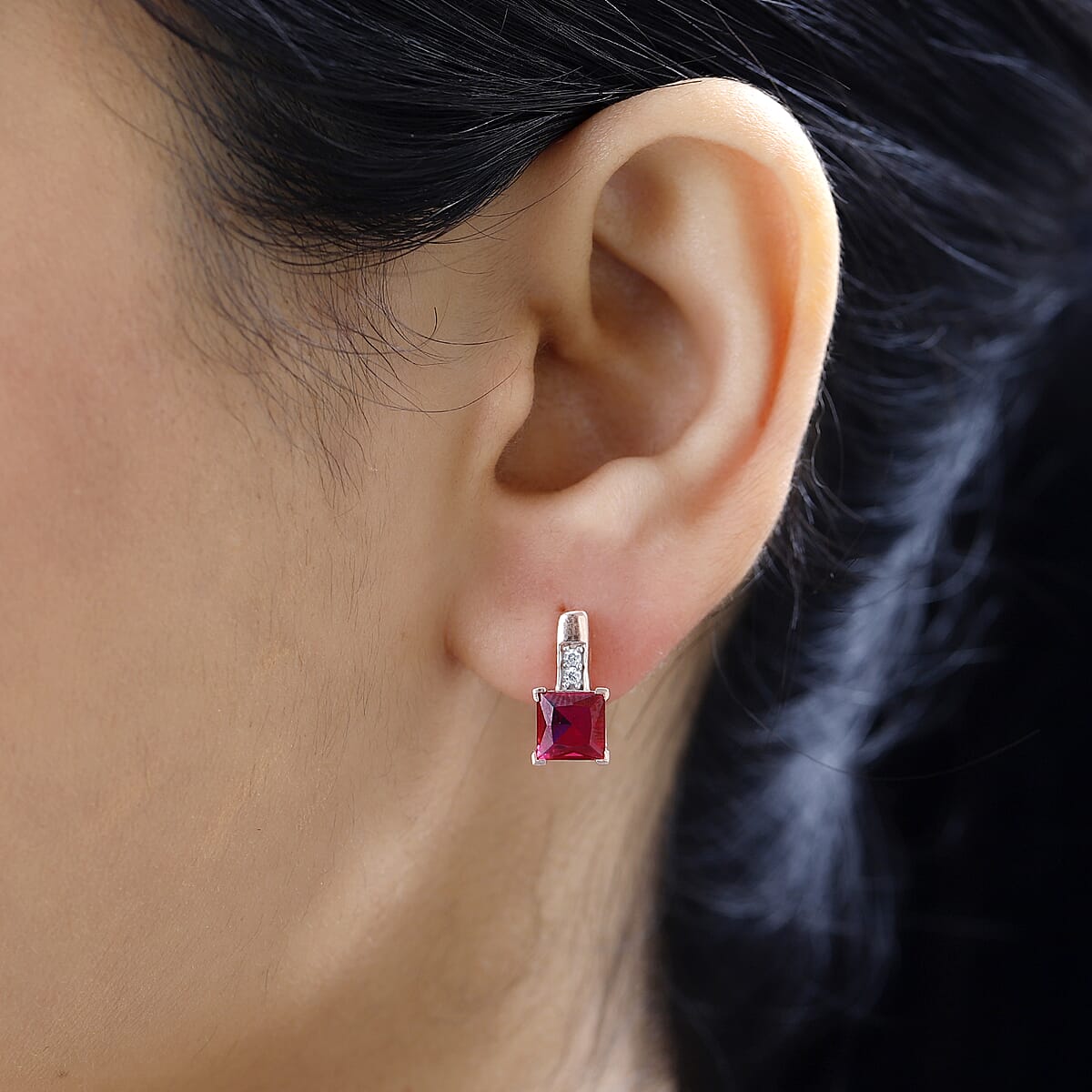 Simulated White and Red Color Diamond Earrings in 14K Rose Gold Over Sterling Silver image number 2