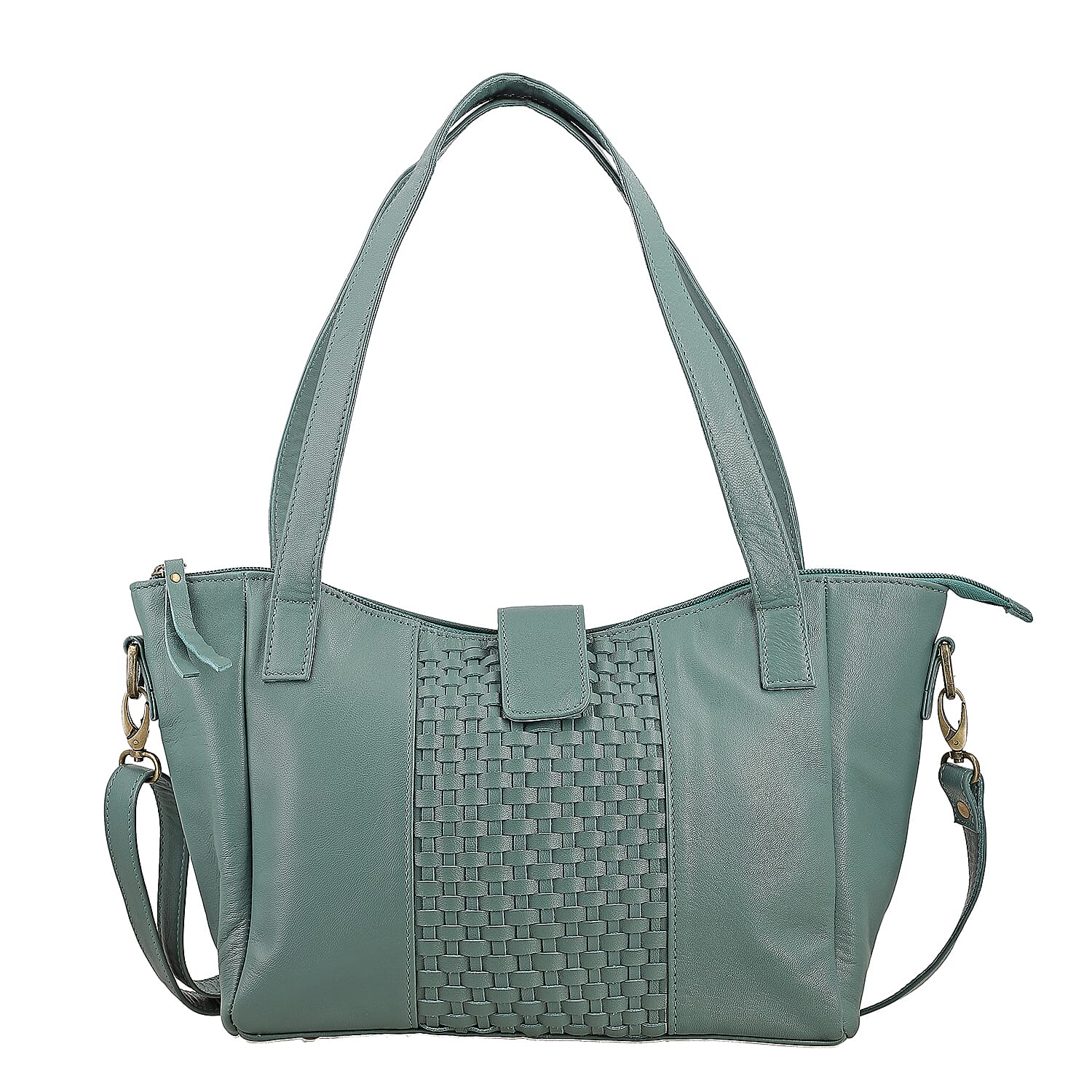 Turquoise Genuine Leather Weave Pattern Shoulder Bag