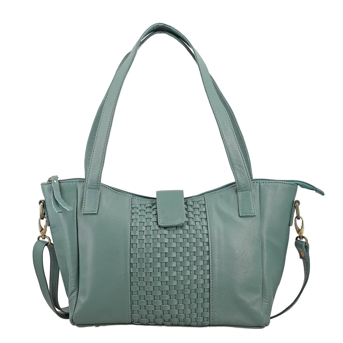 Turquoise Genuine Leather Weave Pattern Shoulder Bag image number 0