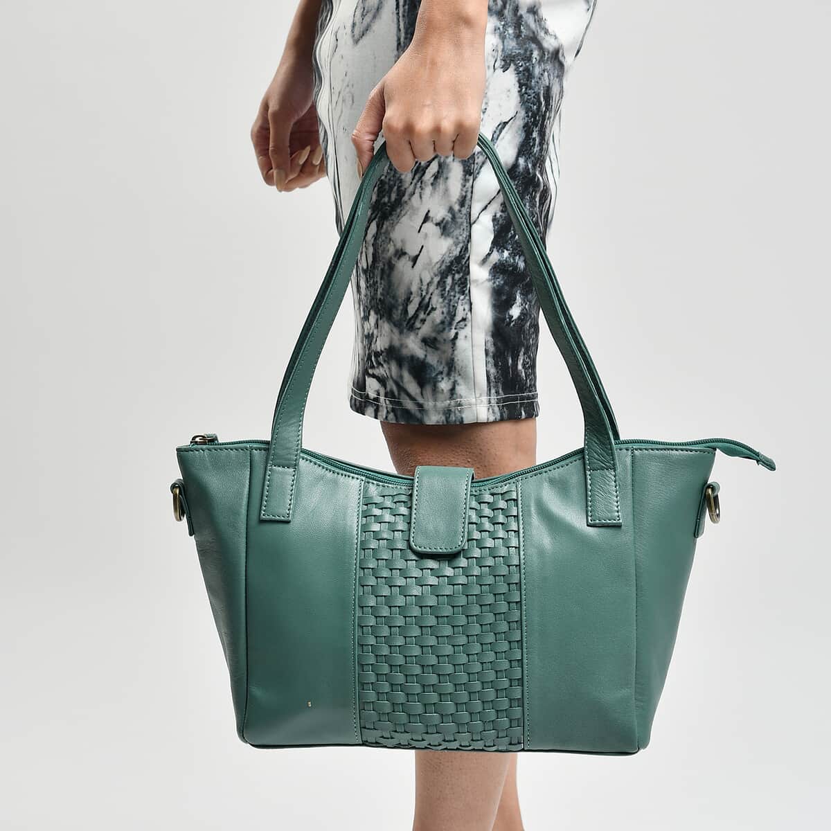 Turquoise Genuine Leather Weave Pattern Shoulder Bag image number 1