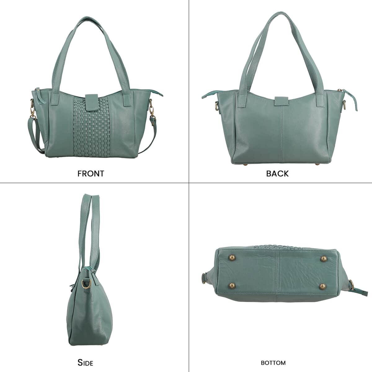 Turquoise Genuine Leather Weave Pattern Shoulder Bag image number 3