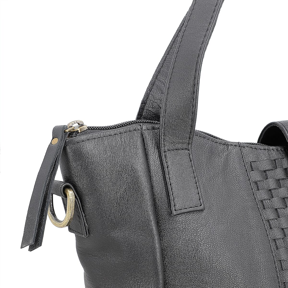 Black Genuine Leather Weave Pattern Shoulder Bag image number 6