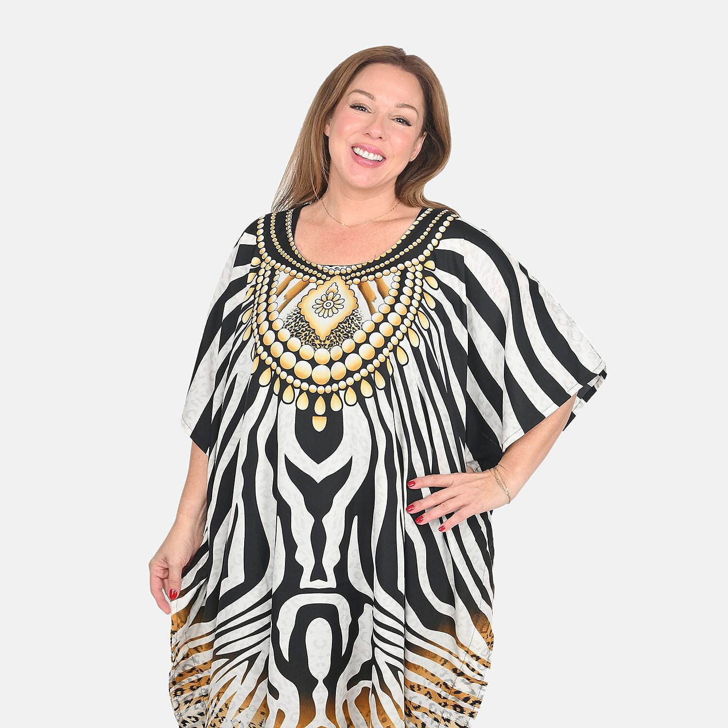 Winlar Black and White Paisley Print Kaftan, Free Size Loose Fit Polyester Kaftan For Women - One Size Fits Most