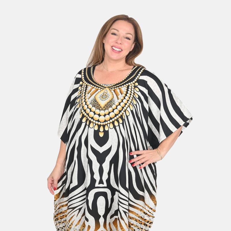 Winlar Black and White Paisley Print Kaftan, Free Size Loose Fit Polyester Kaftan For Women - One Size Fits Most