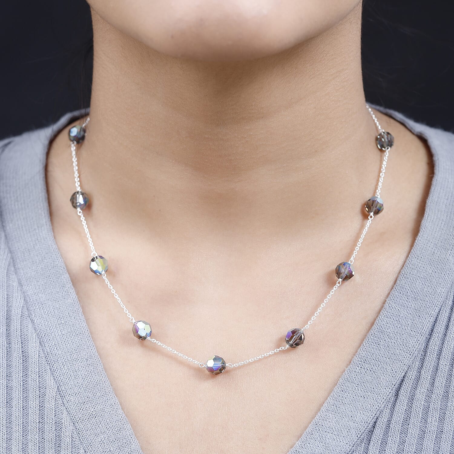 Designer Premium Austrian Crystal Station Necklace 18 Inches in Sterling Silver