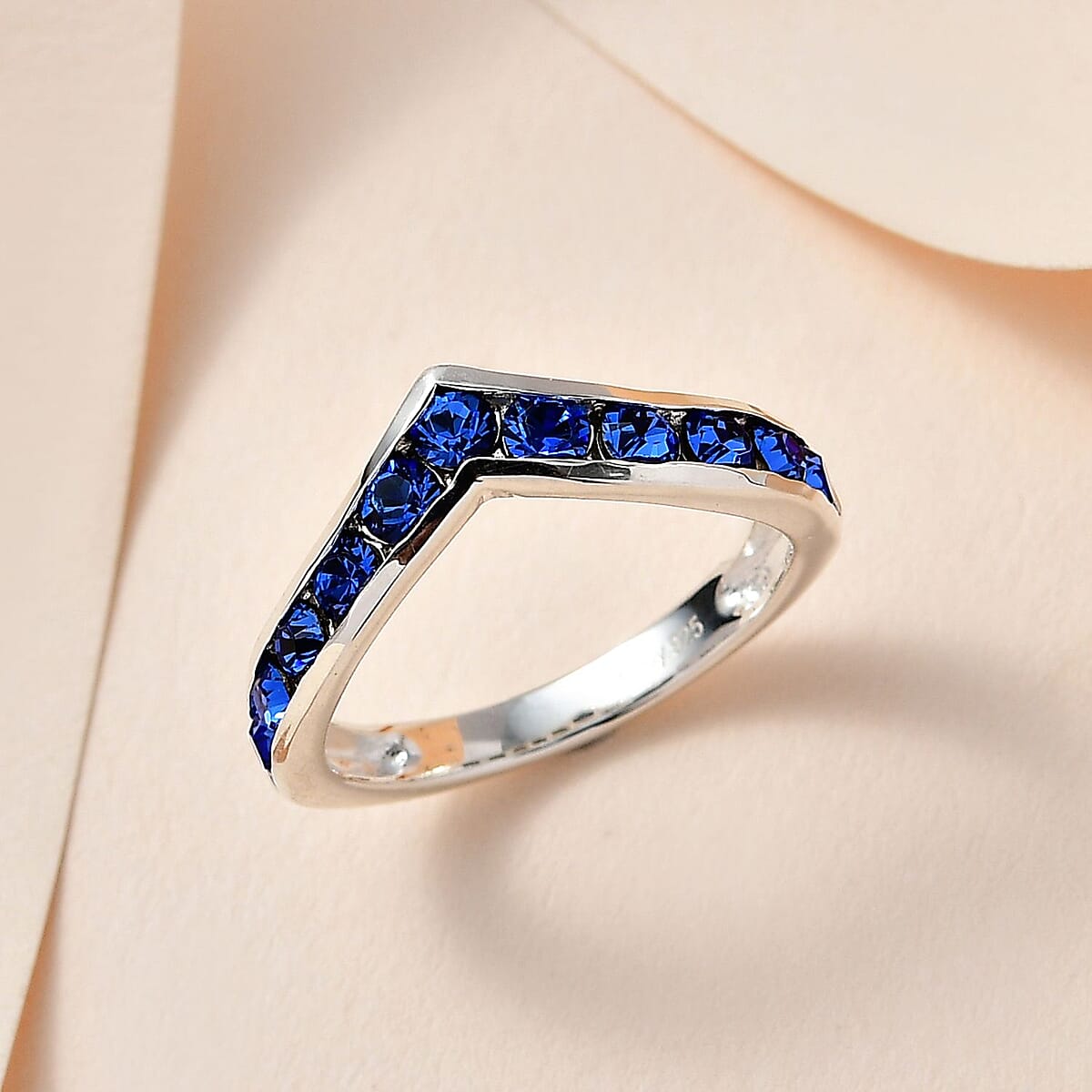 Sapphire Color Crystal Wishbone Ring in Sterling Silver (Size 10.0) image number 1