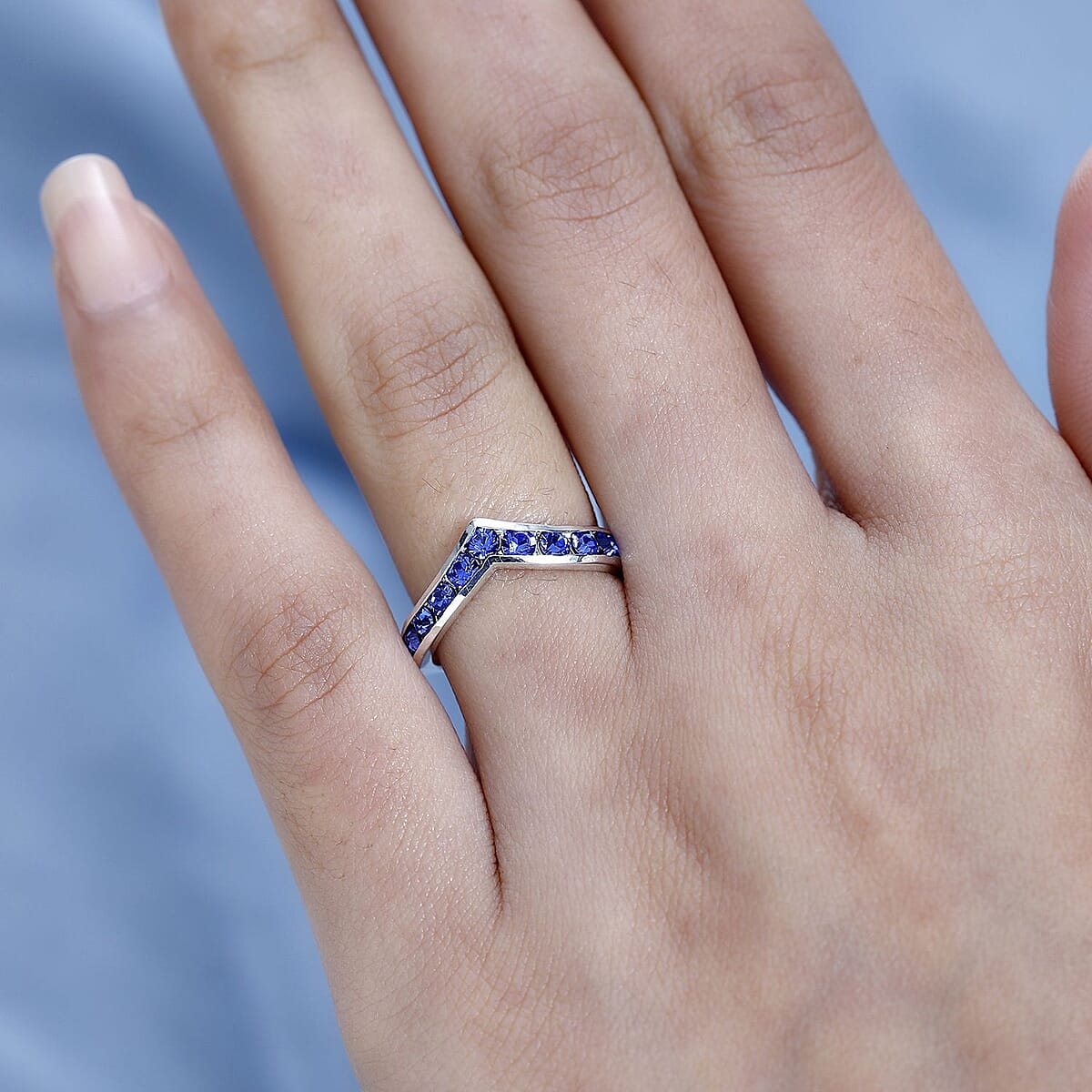 Sapphire Color Crystal Wishbone Ring in Sterling Silver (Size 10.0) image number 2