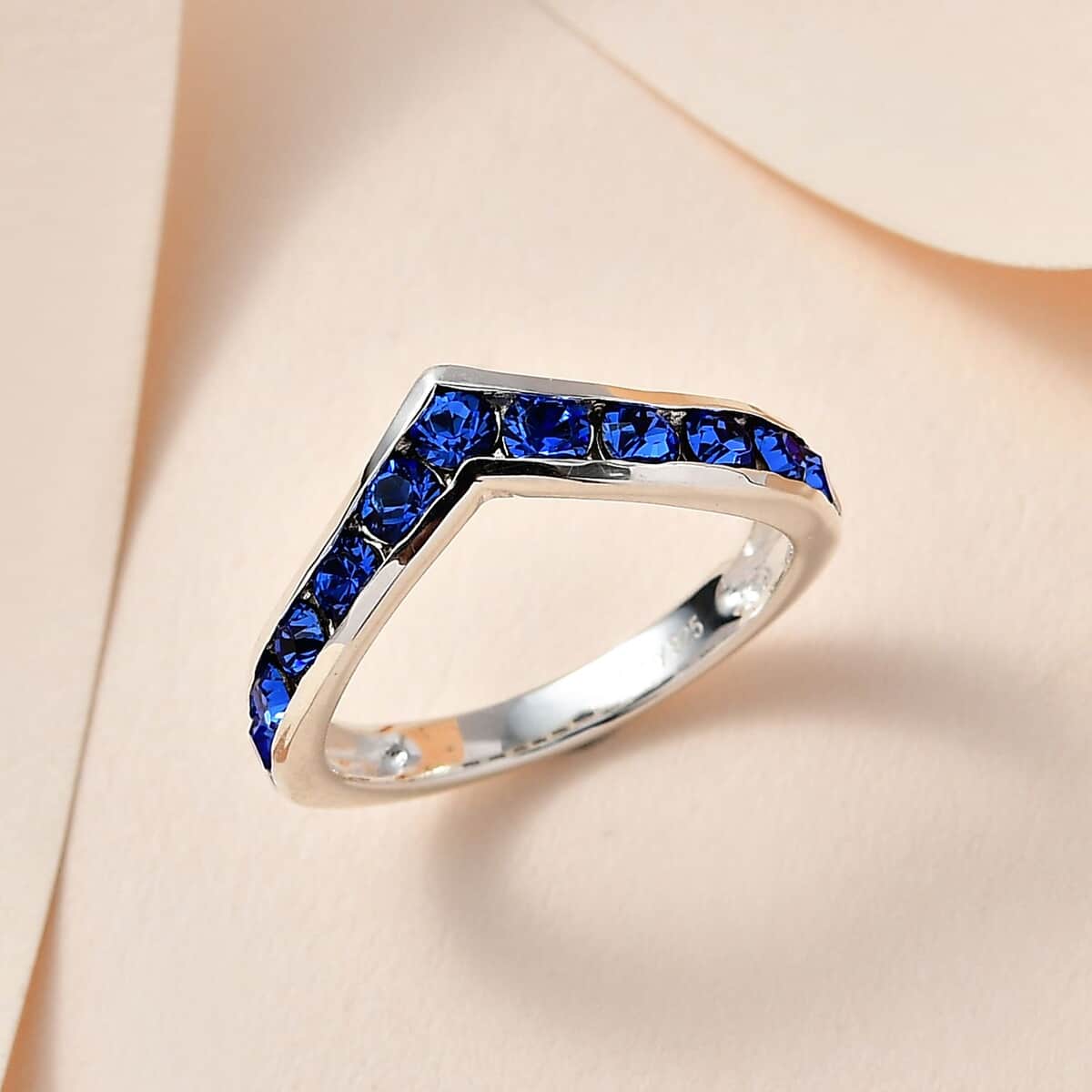 Designer Premium Sapphire Color Austrian Crystal Wishbone Ring in Sterling Silver (Size 9.0) image number 1