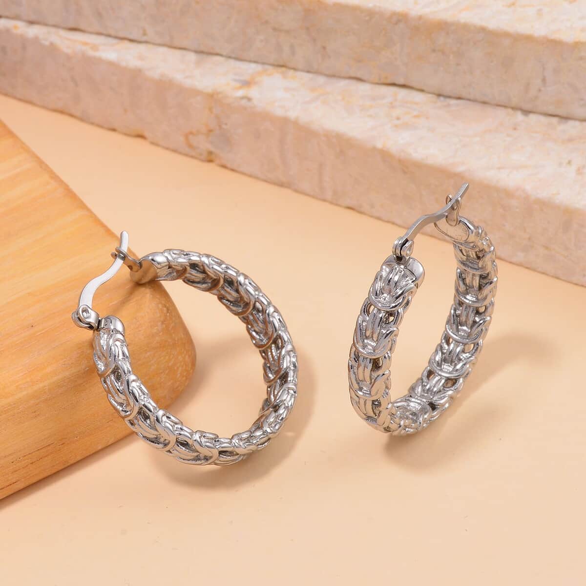 Byzantine Link Hoop Earrings in Stainless Steel image number 1