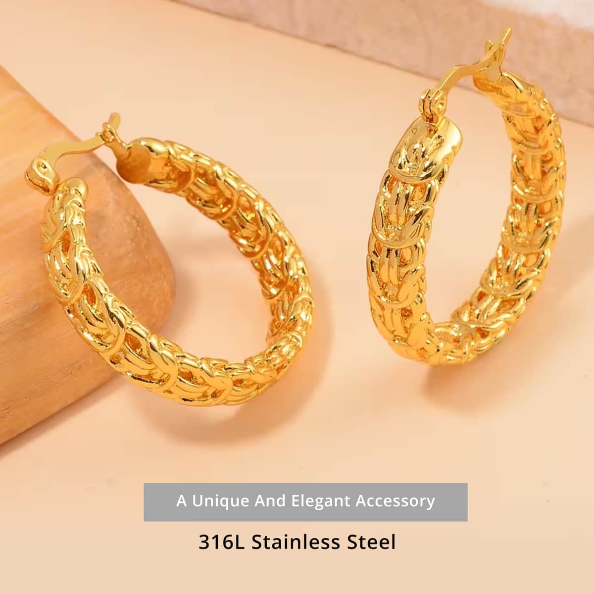 Byzantine Link Hoop Earrings in ION Plated YG Stainless Steel image number 4