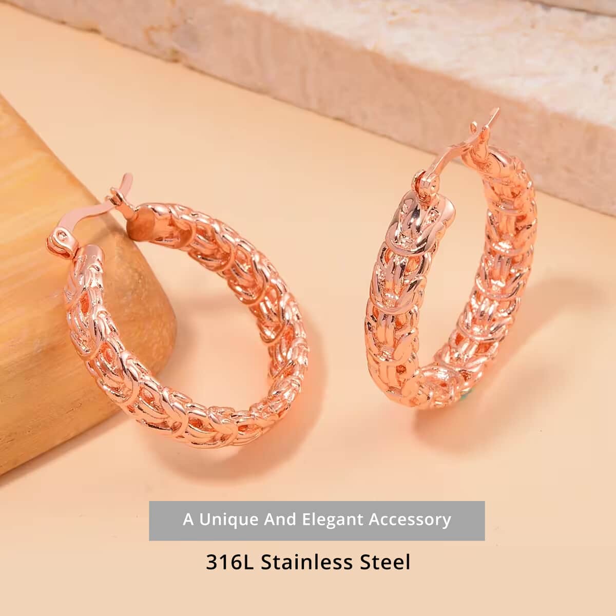 Byzantine Link Hoop Earrings in ION Plated RG Stainless Steel image number 4