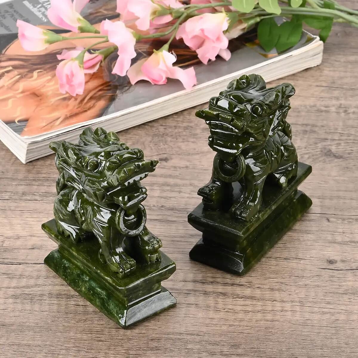 Set of 2 Handcrafted Serpentine Feng Shui Pixiu Figurine (3.7x1.7x4.7) image number 1