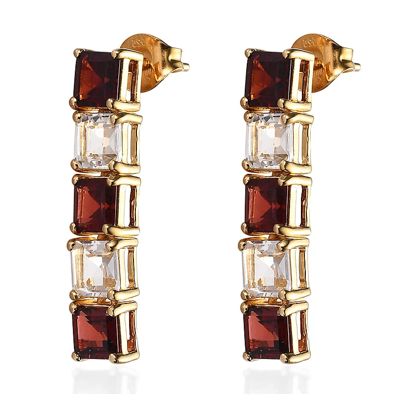 Premium Mozambique Garnet and White Topaz 7.65 ctw Stud Earrings in 18K Vermeil Yellow Gold Over Sterling Silver
